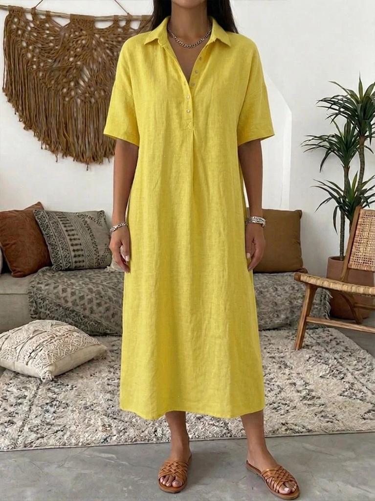 Women's Spring and Summer New Casual Straight Comfortable Polo Neck Linen Short Sleeve Dress