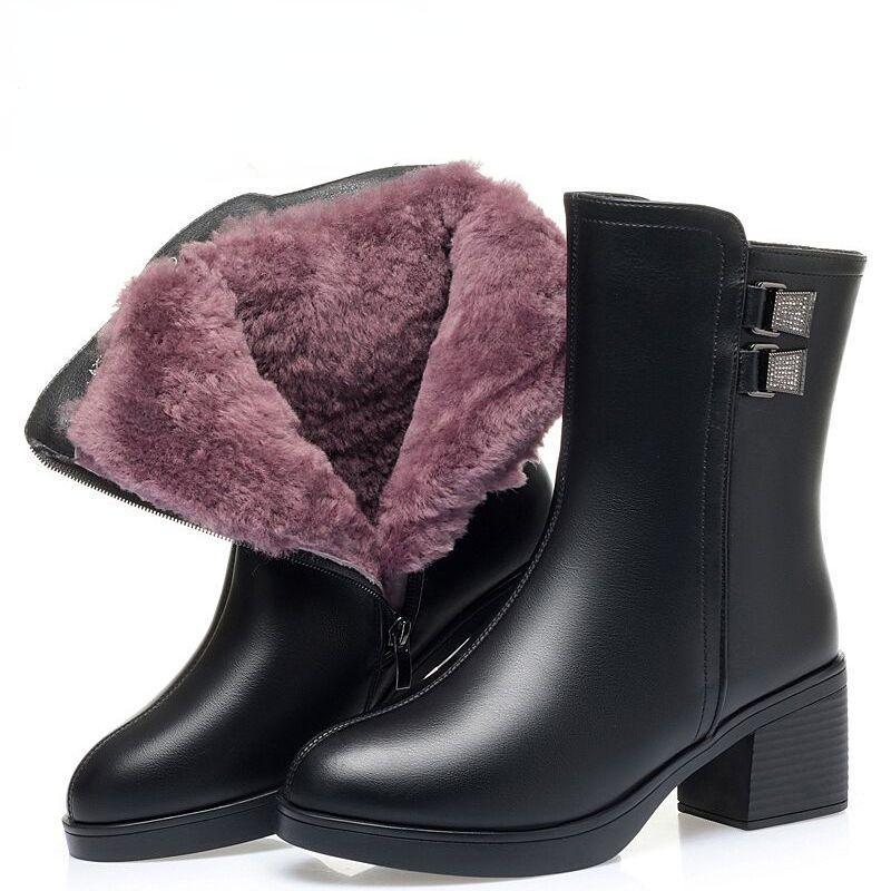 Bottes d'hiver en cuir pour femmes, chaussures compensées à l'intérieur, bottes de neige en peluche, bottes à tube grande taille, bottes pour femmes