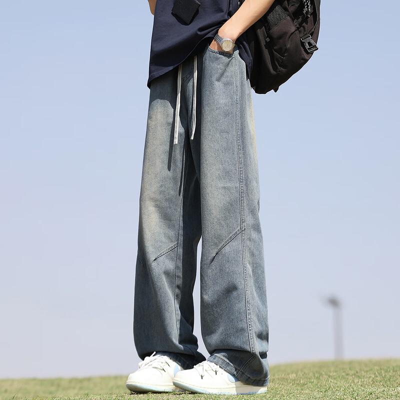 Men's American Retro Elastic Waist Loose Wide-Leg Jeans