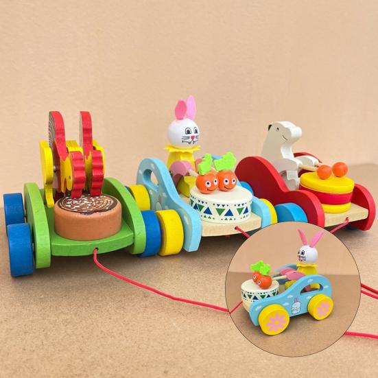 Pull String Wooden Car Toy Toddlers Boys Girls Cartoon Animal Drum Beating Vehicle Toy Educational Motor Skill Early Development Pulling Rope Car