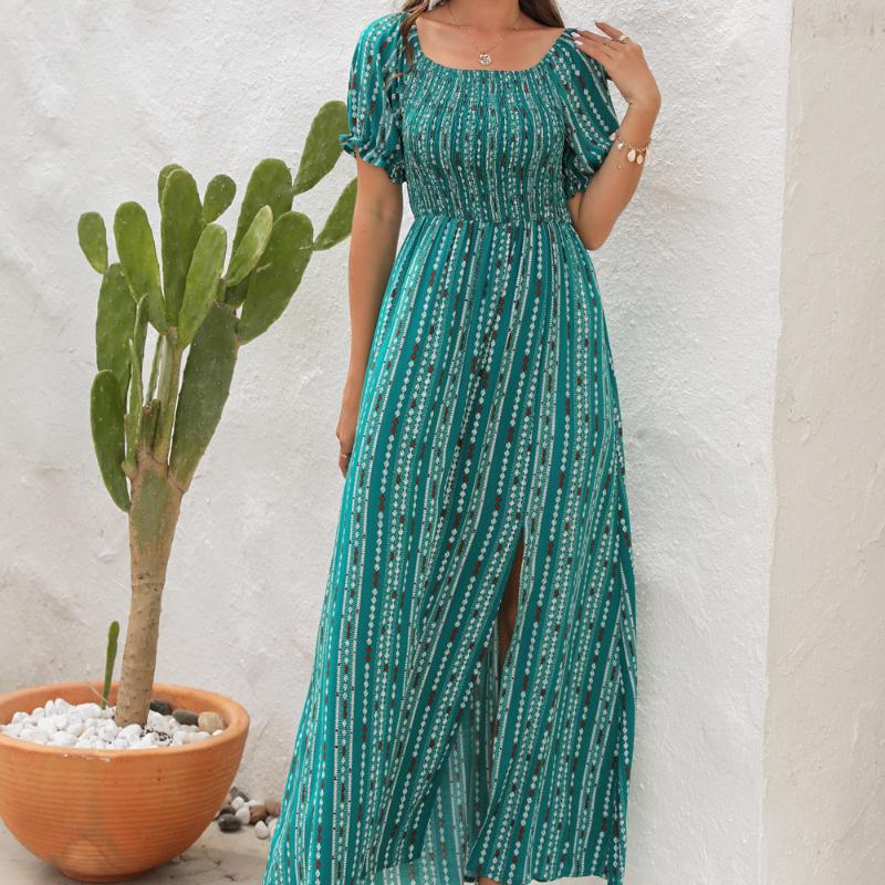 GMXIA Jarní a letní šaty s vertikálním pruhem, potiskem, rozděleným pasem, jedno rameno, krátký rukáv, ležérní sváteční šaty