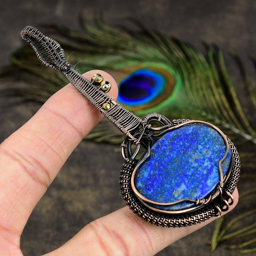Natural Lapis Lazuli Gemstone Handmade Copper Wire Wrap Pendant 3.82 Z8M71