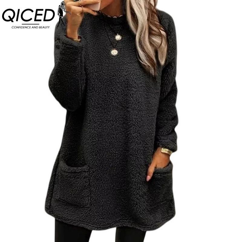 

QICED женские модные повседневные однотонные принты осень-зима с длинными рукавами и круглым вырезом свободные свитера S чёрный