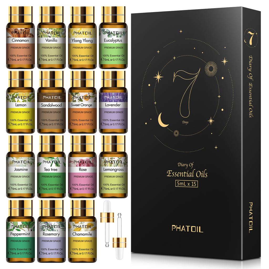 PHATOIL 15-teiliges Geschenkset mit ätherischen Ölen für Aromatherapie-Diffusor, Haarwachstum, Hautpflege, Massage, Yoga, Seifen- und Kerzenherstellung im Homeoffice