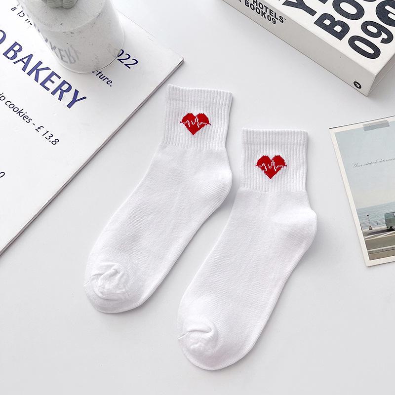 Women's Autumn White Medical Pattern Cotton Mid-Calf Socks - Simple, Versatile, High-Value.