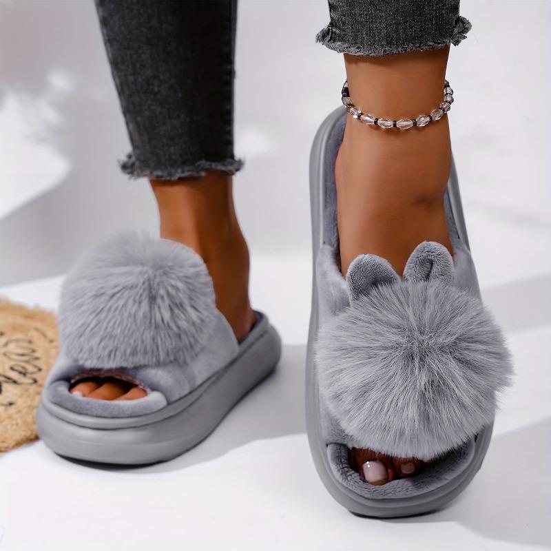 2025 Nya Höst & Vinter Enkel Boll Kaninöron Design Varma Tofflor för Män & Kvinnor - Par Hemskor med Tjock Sula & Halvt Stängd Bakkappa