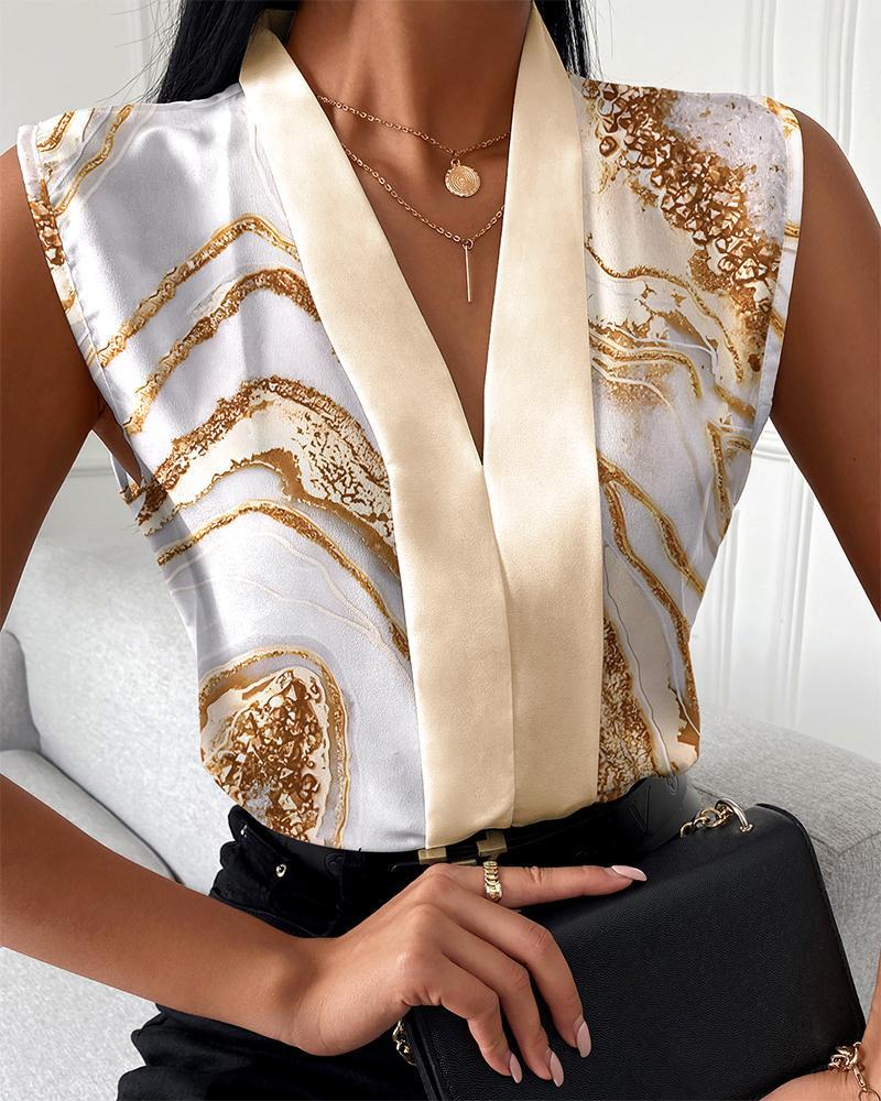 2023 Sommer ärmelloses V-Ausschnitt bedrucktes Hemd für Damen - europäische und amerikanische Mode