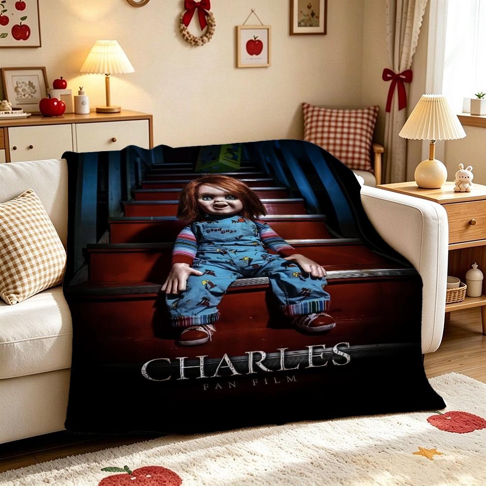 Good Guys Classic Horror Doll Pattern Theme Flannel Blanket Warm Comfortable Fleece Blanket For Office Sofa Party Decor Halloween Gift