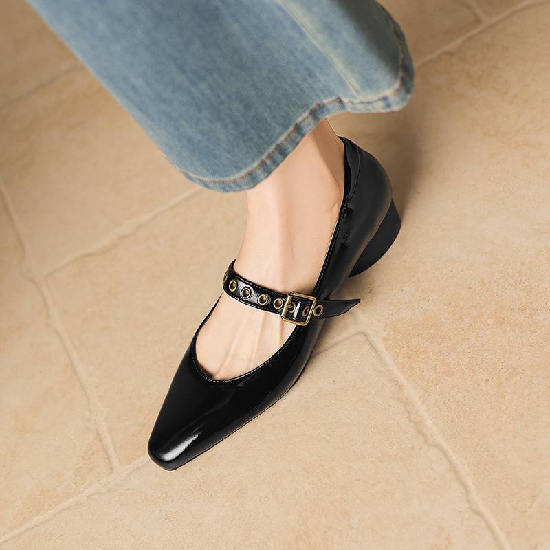 Krazing Pot Genuine Leather Square Toe Low Heels Summer Shoes Big Size 42 Buckle Straps Women Shallow Pumps