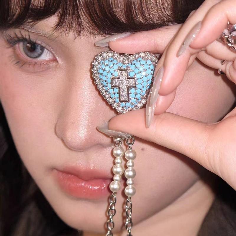 Vintage-Inspired Blue Cross Pendant Necklace With Imitation Pearl Heart Charm Long Sweater Chain Women Blue Heart Pendant Necklace