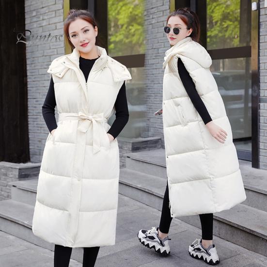 Winter Women Waistcoat Thickened Padded Zipper Closure Hooded Loose Fit Adjustable Waist with Belt Sleeveless Solid Color Windproof Heat Retention