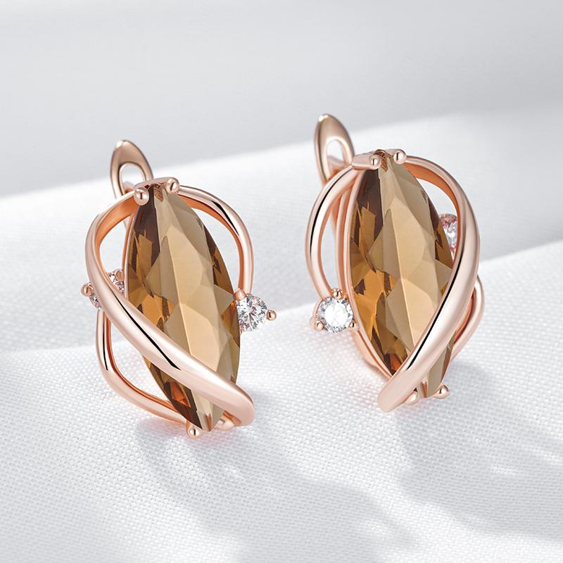Shiny Brown Natural Zircon Drop Earrings For Women Fashion Rose Gold Color High Quality Daily Fine Vintage Jewelry