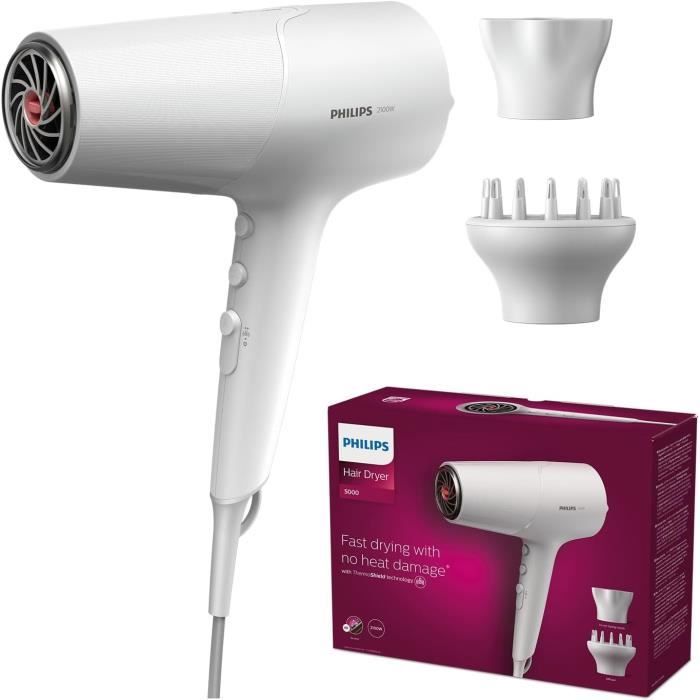 Sèche-cheveux - PHILIPS - Série 5000 - Technologie ThermoShield - 2100W - Blanc