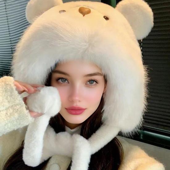 Women Hat Solid Color Thickened Plush Bear Warm Hat