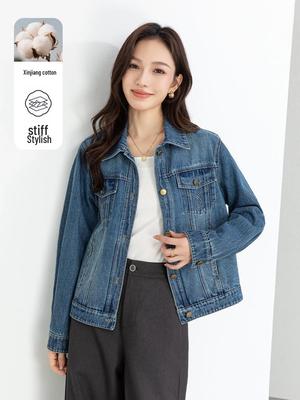 Spring Blue Denim Jacket - Women's Loose Fit, Long Sleeve, Washed, Short Style, 2026 Collection