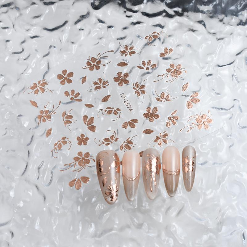 3D Relief Flowers Nail Sticker Gold Flower Petals Adhesive Decals Golden Floral Slider For Nail Art Adhesive Decoration
