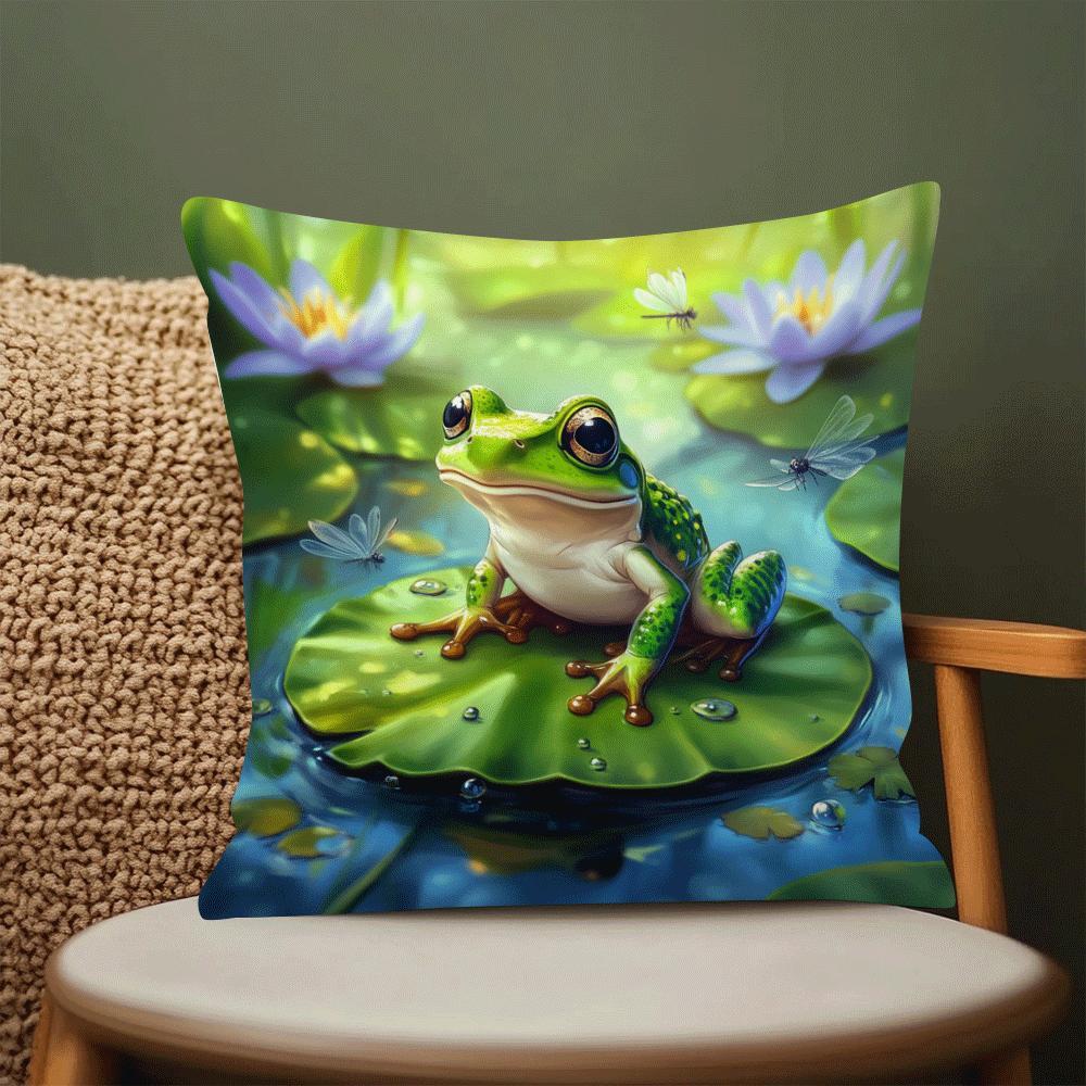1pc Playful Frog In Lily Pond Floral Pillow Cover, - Vibrant Green Frog Design with Butterflies & Water Lilies, Stylish for Sofa, Couch, and Bedroom (