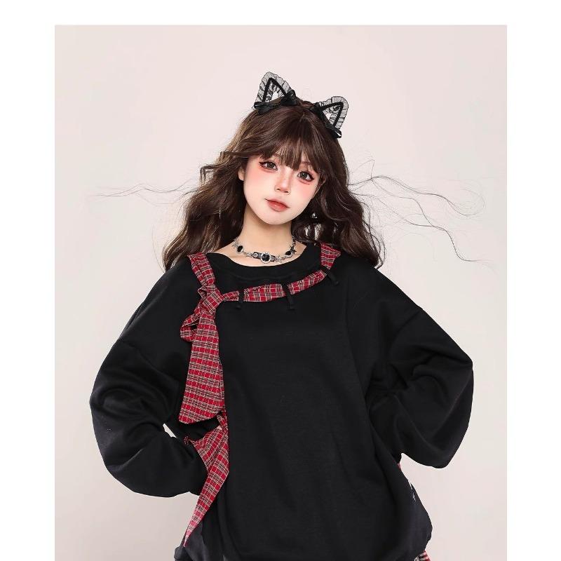 Women's Lace Up Long Sleeved Sweatshirt Round Neck Fake Two Loose Solid Color Women's Hoodies Autumn Fashion New Female Top