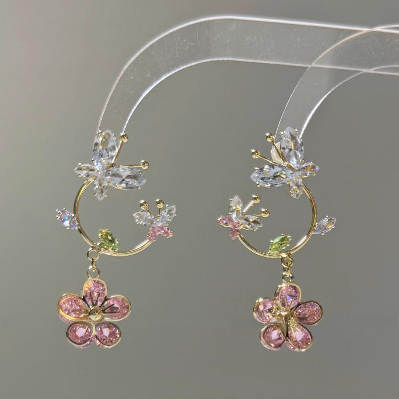 

Pink Crystal Cherry Blossom Tassel Butterfly Zircon Earrings Silver Needle Style