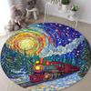 Colorful Mosaic Starry Sky Train Round Carpet Golden Sun Red Locomotive Forest Print Mat Dreamy Dazzling Glass Design Decor Rug