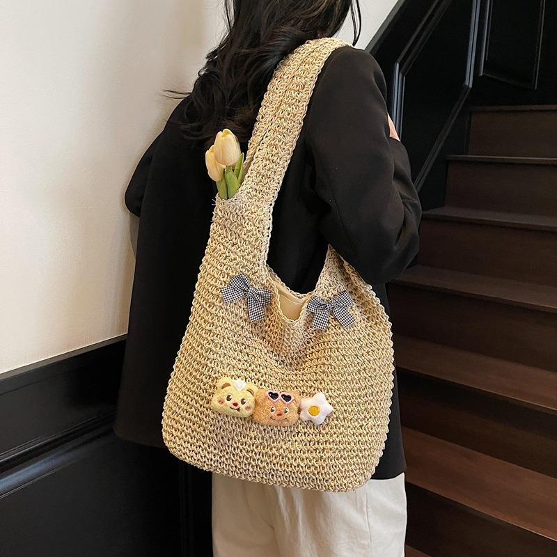 Cute Woven Straw Beach Bag Women's New Seaside Leisure Vacation Large Capacity Shoulder Tote Bag