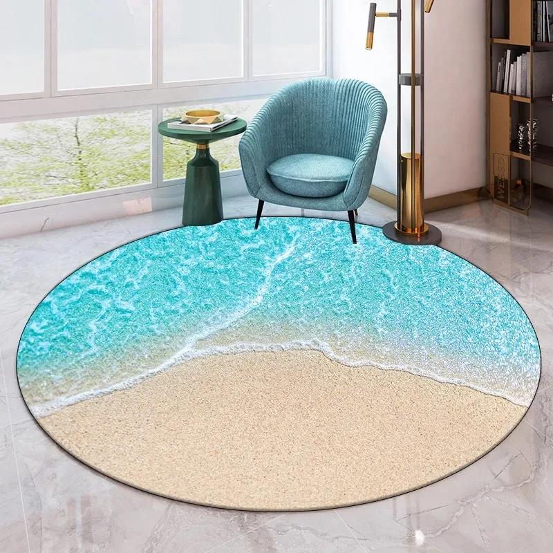 Seaside Beach Pattern Round Carpet Living Room Sofa Non-slip Floor Mat Home Decoration Bedroom Bathroom Absorbent Floor Mat