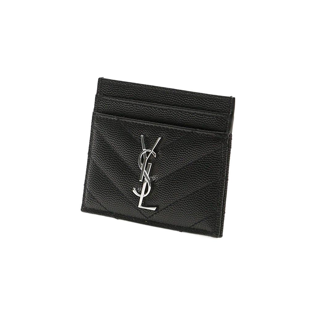 Saint Laurent Ysl Monogram Silver Logo Grainy Embossed Quilted Leather Card Holder Women Card Holder Black 423291-BOW02-1000