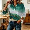 Women's Fashion Casual 3/4 Sleeve Patchwork Marble Print Shirt Button Down Collar Loose Fit Top for Everyday Wear