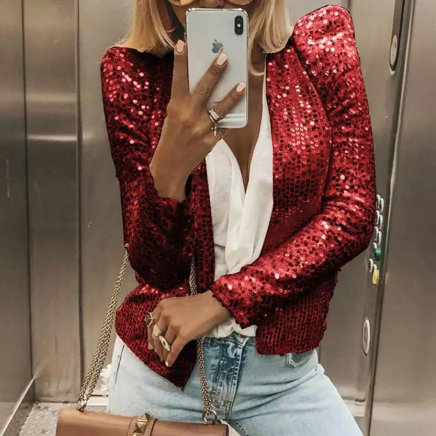 Lente Nieuwe Damesmode Opstaande Kraag Patchwork Pailletten Jas Kort Casual Veelzijdig Bovenkleding