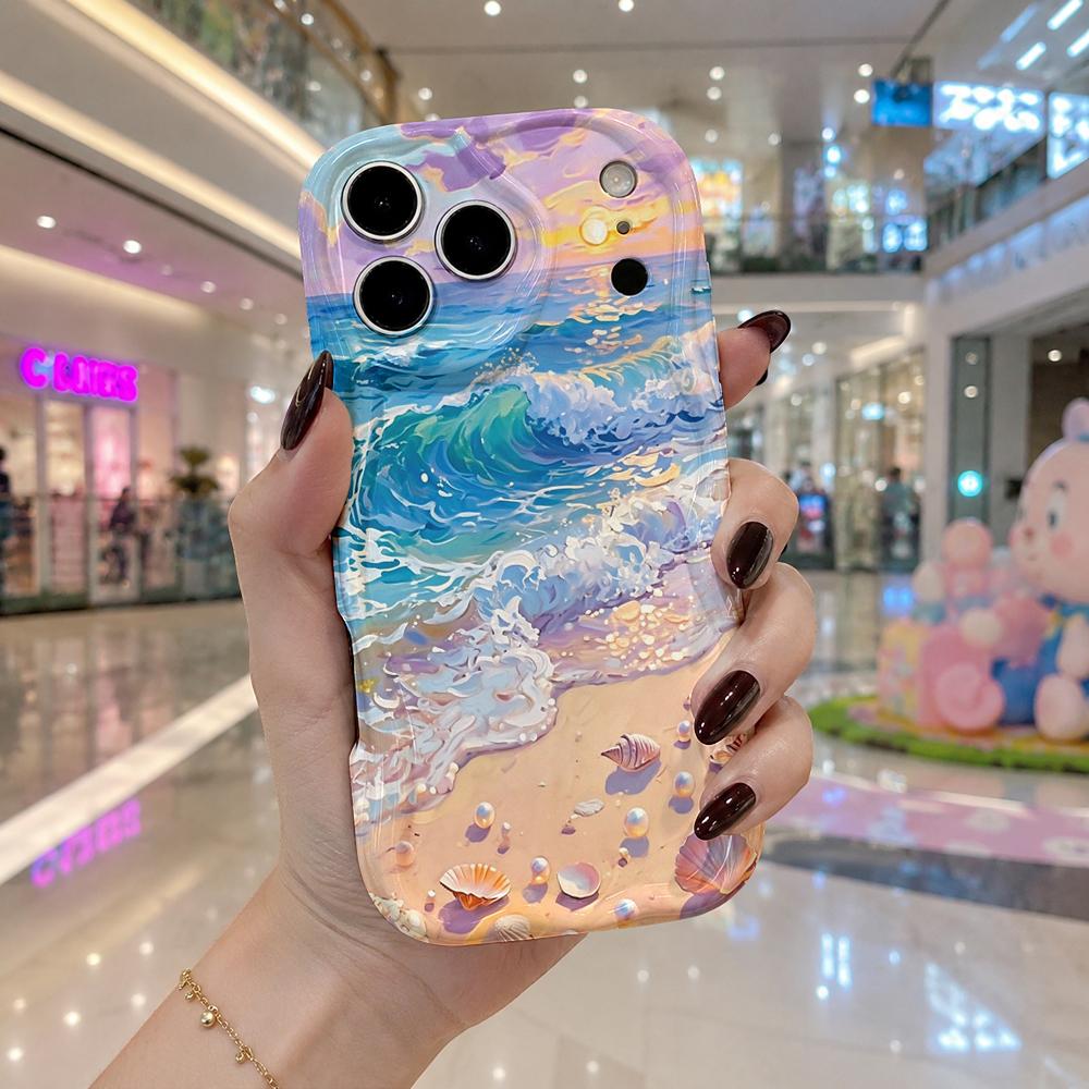 Ocean Wave And Seashell Pattern Wavy Edge Phone Case For iPhone 17 16 15 14 13 12 11 Pro Max Plus 8 7 Shockproof Cover