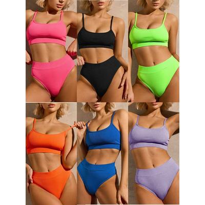 European and American Fashion Ladies Split High Waist Pure Color Bikini Swimsuit Sunken Stripe Swimsuit