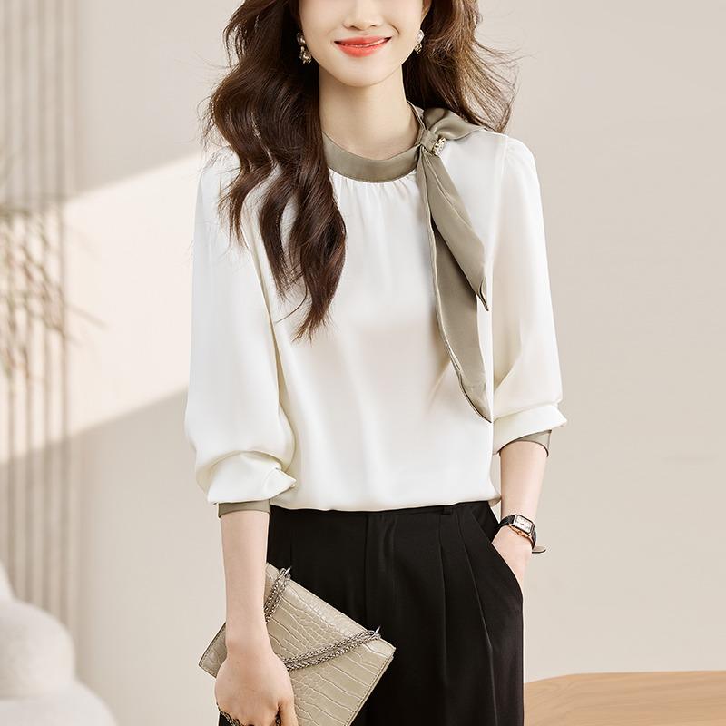Spring and Autumn Bow Tie Round Neck Shirt Women Fashion New Long Sleeve Casual White Blouses Women Tops Elegant Solid Simple Office Lady Shirts 25855