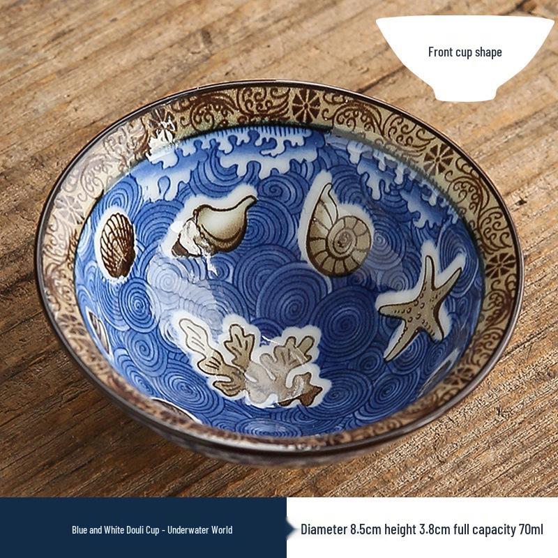 Two-Color Blue & White Porcelain Douli Teacup - Ceramic Kung Fu Master Cup, Japanese Tasting Bowl, Single Tea Cup.