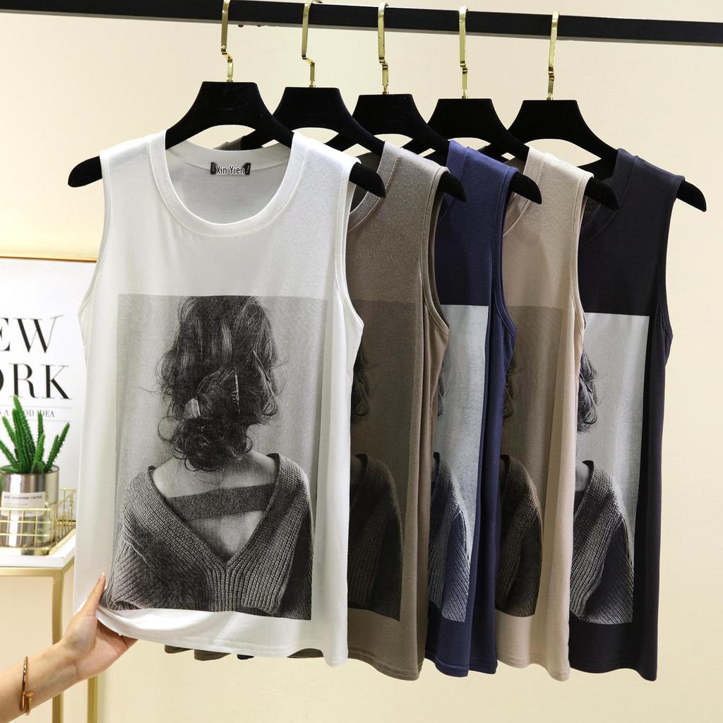 Letnia Bezrękawnikowa Kamizelka z Okrągłym Dekoltem i Nadrukiem z Modal