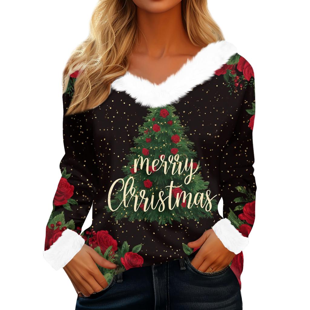 Kadın Günlük Moda Uzun Kollu Noel Baskılı Flanel Yakalı Üst