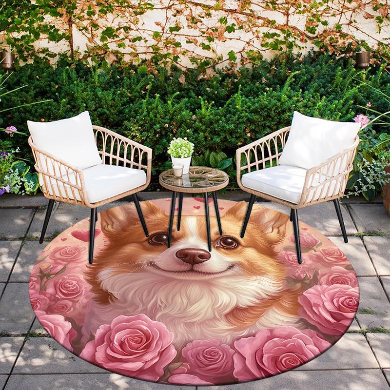 Pink Corgi pattern round rug,Carpet Rug for Living Room Bedroom  Playroom ,Non-slip Floor Mat,Holiday Gifts and Birthday Gifts.