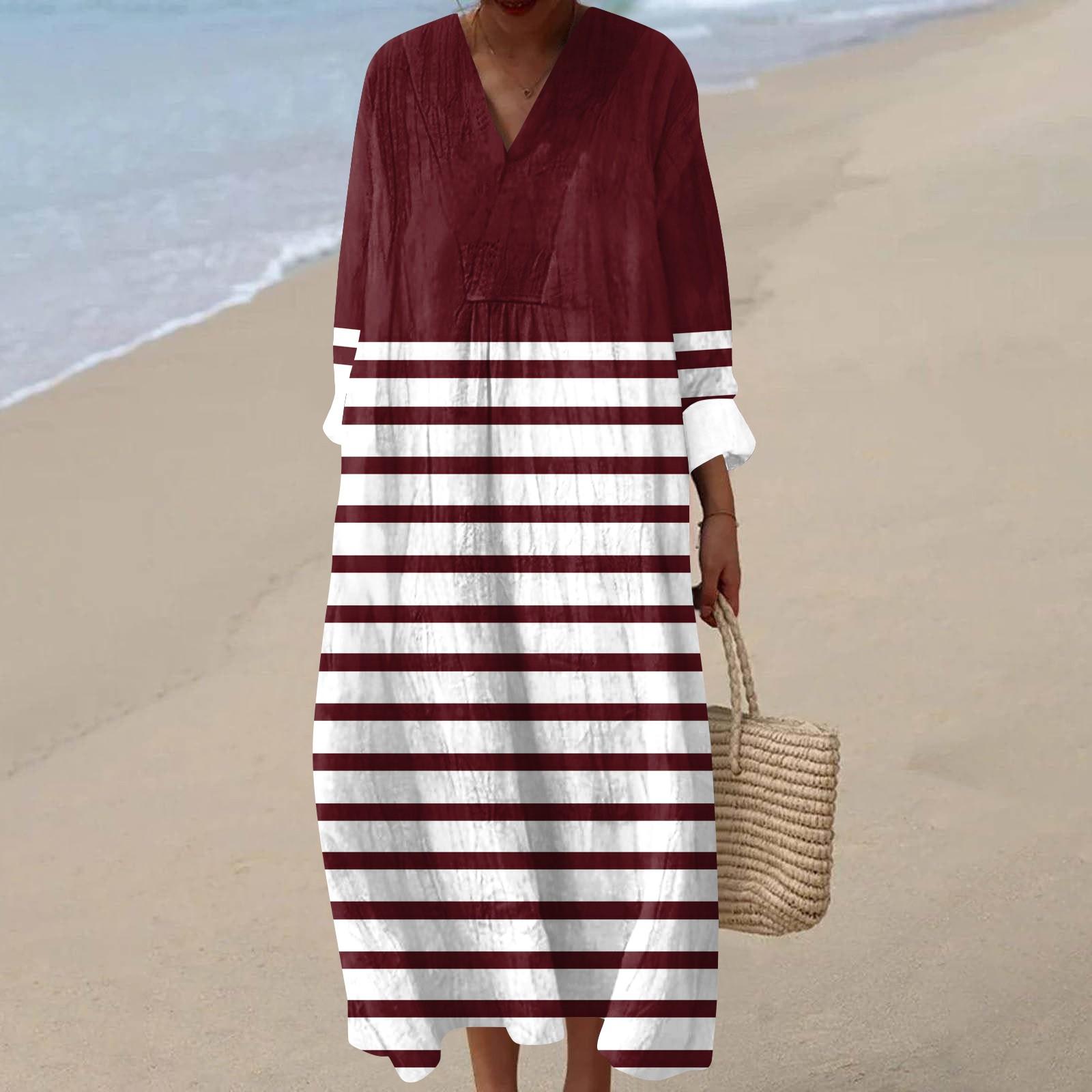 

Женское повседневное модное платье макси в полоску с V-образным вырезом и длинным рукавом XL винный