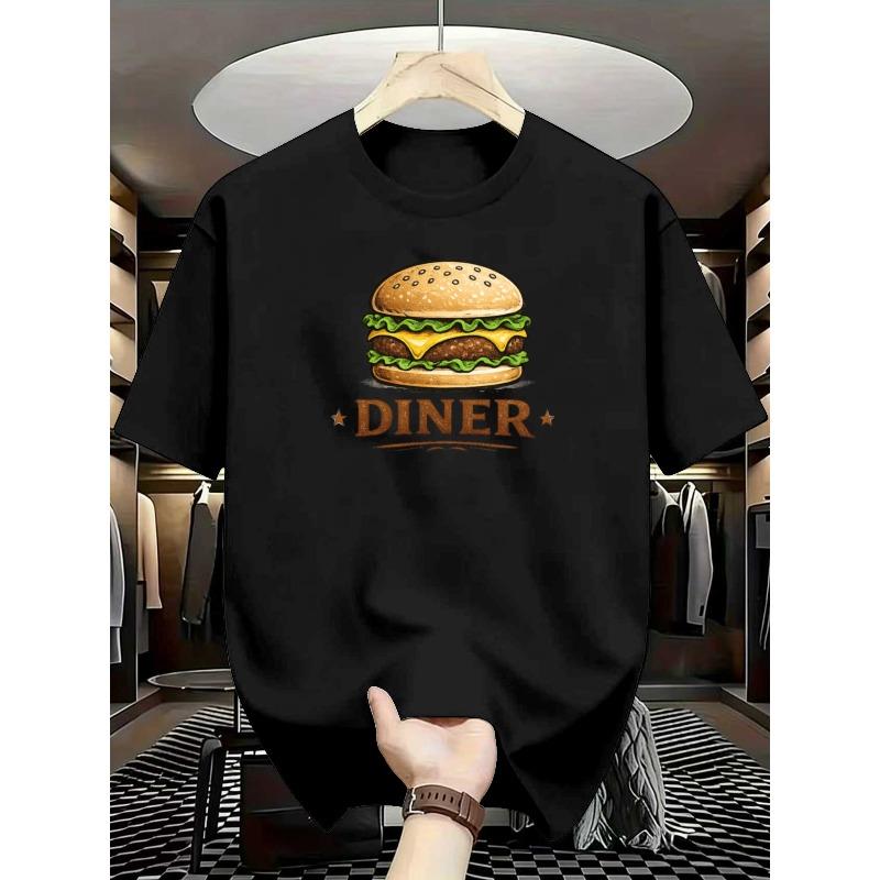 European sizes American Retro Diner Style "Burger Diner" Printed Men'S T-Shirt | Summer Breathable Short-Sleeve