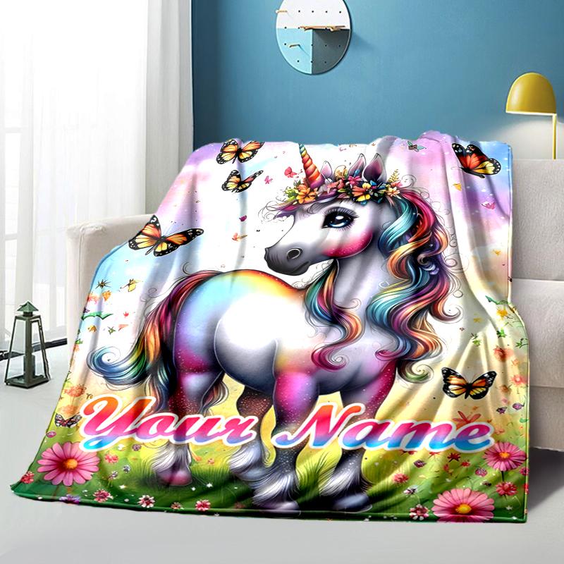 1PC Custom Name Fantasy Unicorn Garden flannel blanket versatile,all-season throw suitable for the living room,bedroom,camping,travel,and gift