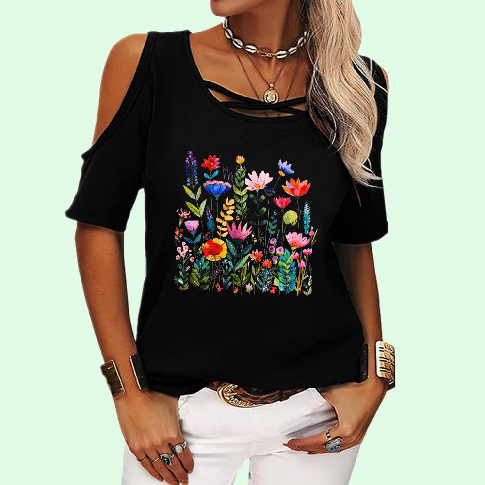 Women Fashion Round Neck Top Summer Off Shoulder Tee Shirt Casual Floral Print Short Sleeve T-shirt