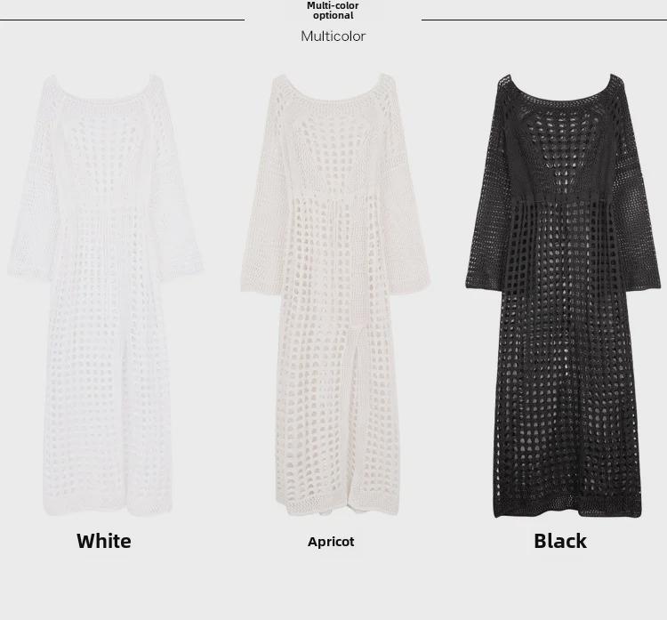 European & American Seaside Vacation Knitted Bikini Cover-Up with Trumpet Sleeves and Hollow Slit Long Skirt