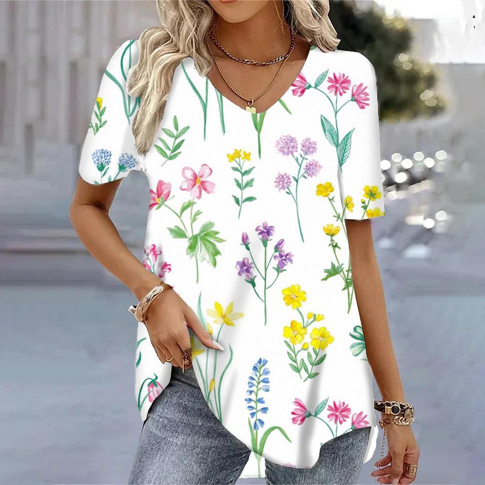 Women's T-shirt 3D Floral Pattern Printing Casual Short-sleeved V-neck Loose Top