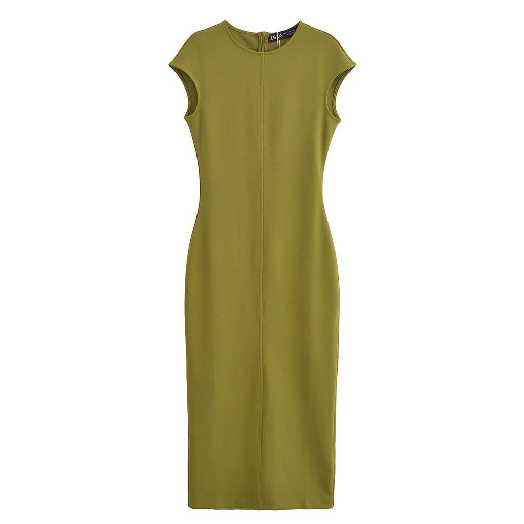 2025 Frühling Damen Europäischer & Amerikanischer Stil Krepp Slim Fit Rundhals Kurzarm Midi-Kleid