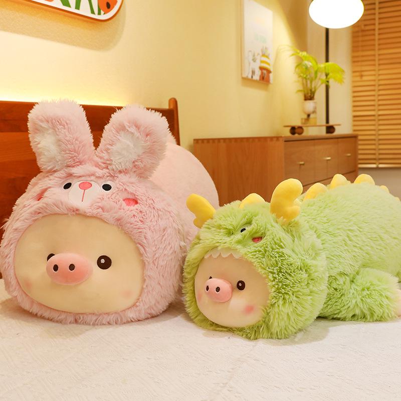 Cartoon Dinosaur Transforming Plush Pig Toy - Long Fur Sleeping Hug Pillow