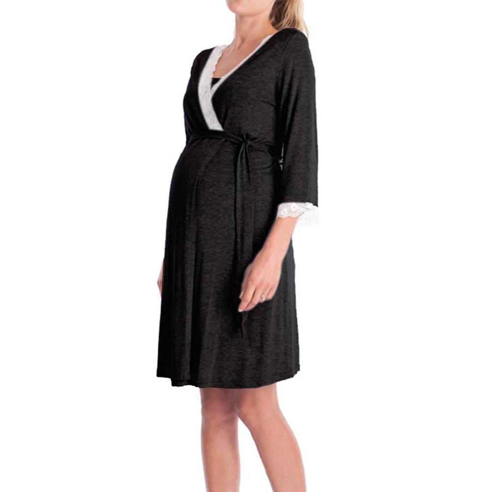 Women's V Neck Lace Trim 3/4 Sleeve Wrap Maternity Nursing Dress With Waist Tie