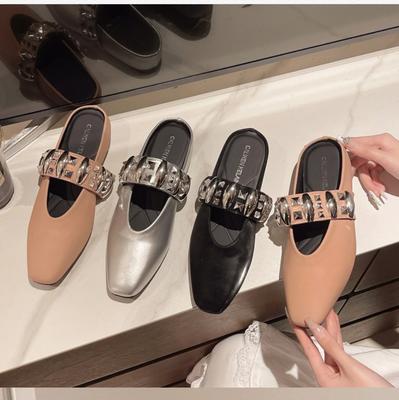 Spring Summer New Square Head Slippers Metal Buckle Thick Bottom Women Slip On Mules Shoes Fashion Korean Versatile Dress Slides