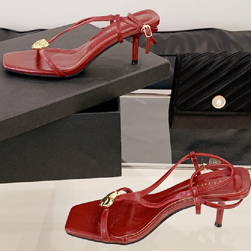 Fashion Fashion Metal Heart Decoration Women Sandal Pointed Toe Open Toe Ankle Strap Roman Shoe Elegant Thin Heel Belt  Buckle High Heel