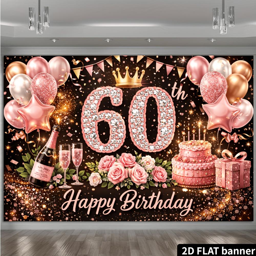 60th Birthday Party Banner Backdrop, Rose Gold Rhinestone 60 Crown Balloon Champagne Rose Cake, Polyester, Party Decor