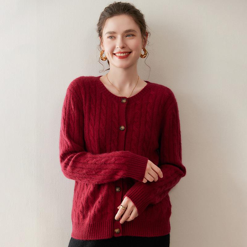Round Neck Twisted Pattern Cashmere Cardigan for Women - Autumn/Winter Long-Sleeve Versatile Warm Sweater