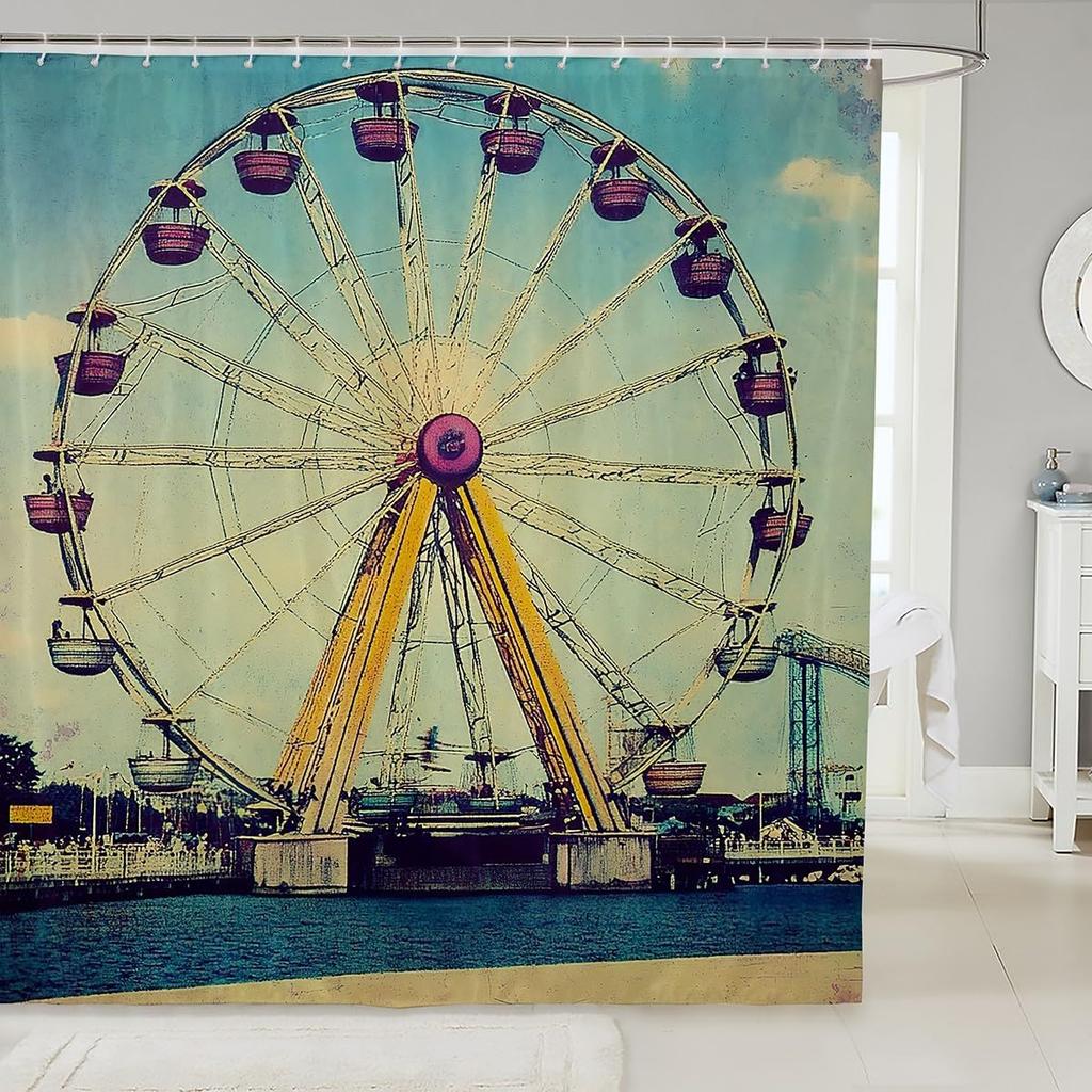 Cartoon Circus Bathroom Curtains Happy Holiday Shower Curtain Sets for Kids Boys Girls Funny Ferris Wheel Shower Curtain Funny